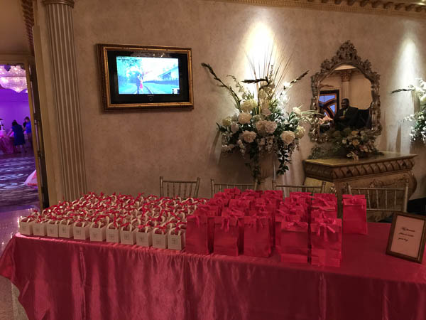 Wedding favours await guests.